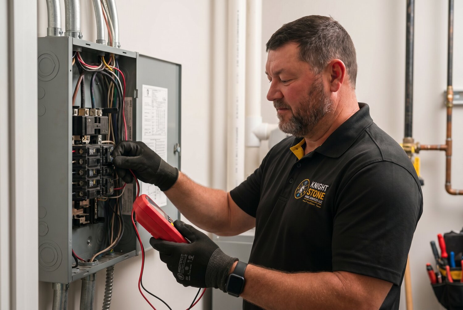 Will Hamby testing a residential electrical breaker panel with a multimeter