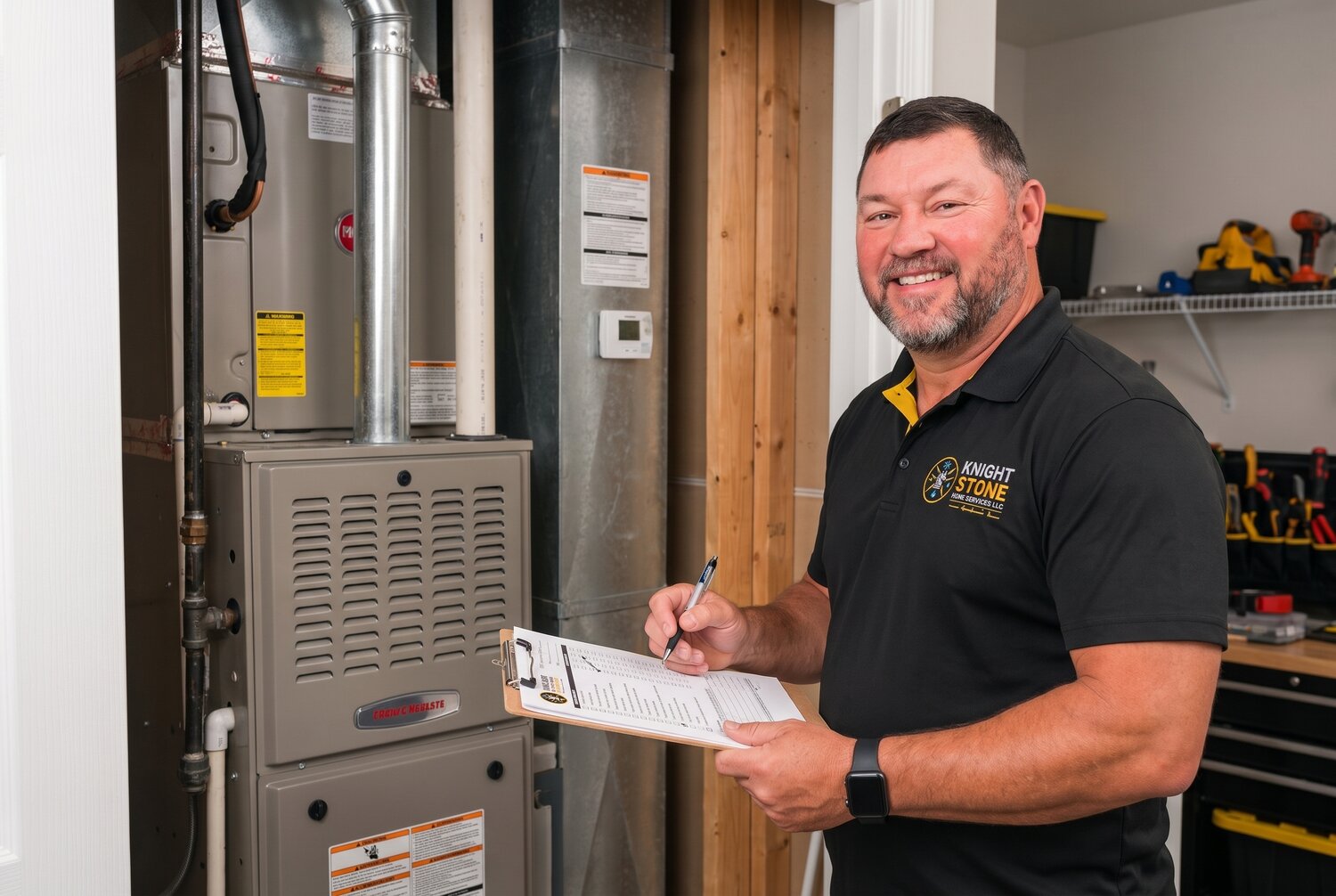 Will Hamby performing a seasonal HVAC maintenance inspection